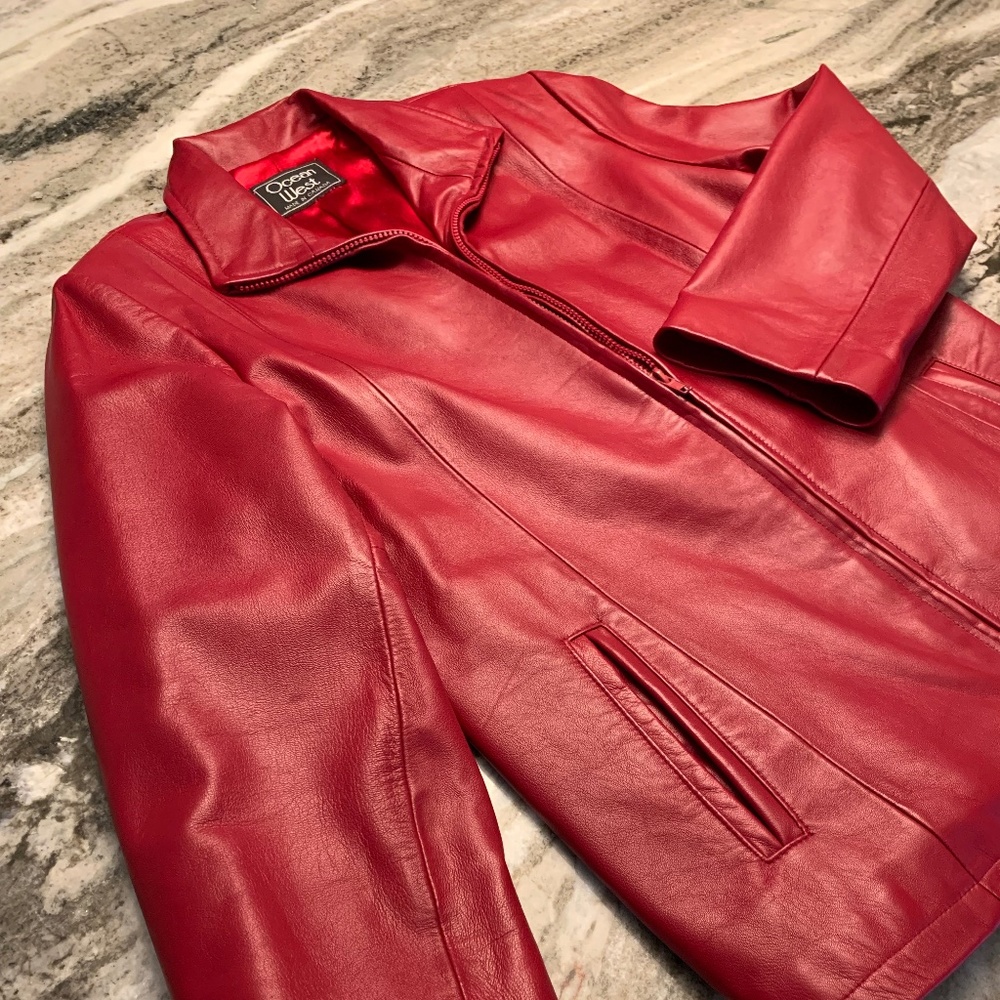 Ocean West Red Soft Leather Front Zip Jacket L